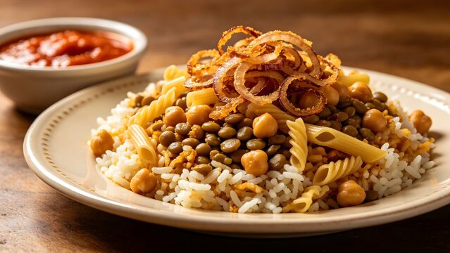 Traditional Egyptian Kushari Dish with Rice Pasta Lentils and Fried Onions