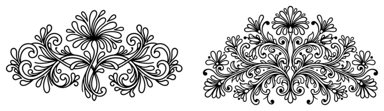 Floral filigree ornaments with symmetrical blooming flowers and scrolls in vintage line art style