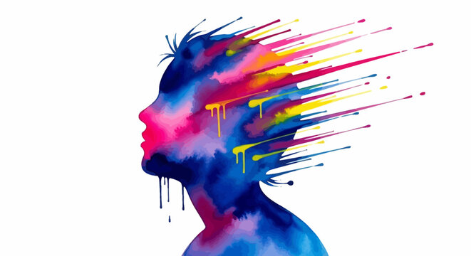 Abstract Watercolor Silhouette of Human Head Exploding with Vibrant Colors