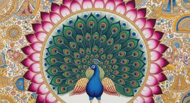 Exquisite Indian Peacock Displaying Vibrant Plumage in Traditional Art Style.
