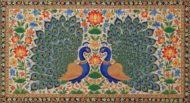 Exquisite Indian Peacock Embroidery Art with Floral Motifs and Intricate Details.