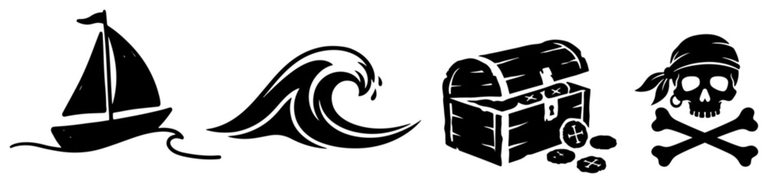 Pirate adventure icon set featuring sailboat wave treasure chest and skull with crossbones in simple black style