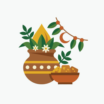 Traditional Ugadi festival elements with kalash and sweets vector illustration