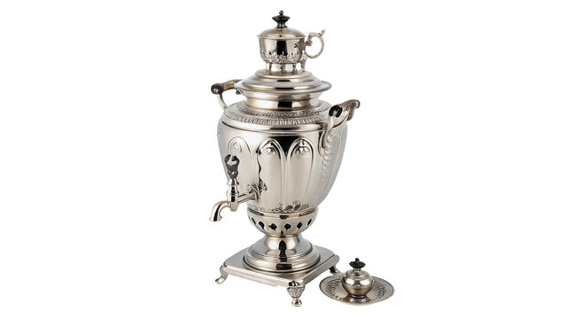 Traditional metal Russian samovar kettle isolated on transparent background for tea culture