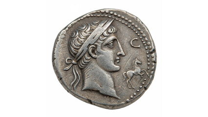 Ancient Roman silver coin with profile portrait isolated on transparent background for numismatics © novitskaya-png