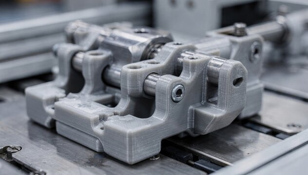 Closeup medium shot of a polymer 3Dprinted jig precisely aligning mechanical parts on an assembly line showcasing lightweight and customizable tooling solutions.
