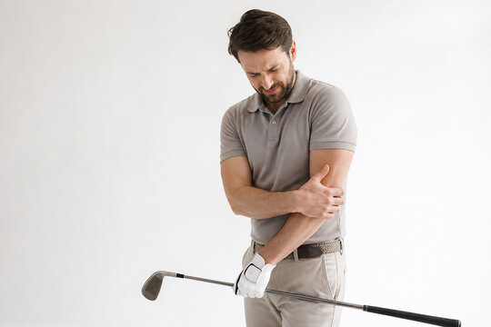 A man in a polo shirt is grimacing while holding a golf club against a plain white background.
