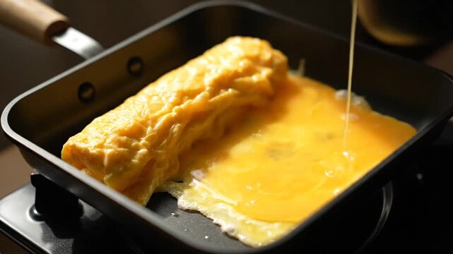 Cooking japanese tamagoyaki egg roll in a square pan