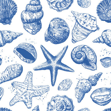 Hand-drawn seamless seaside pattern featuring seashells, fossils, mollusks and starfish in a monochrome blue-and-white vector style, ideal for fashion textiles, fabrics and coastal designs