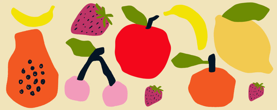 Paper cut fruits abstract handmade collage elements set on beige background