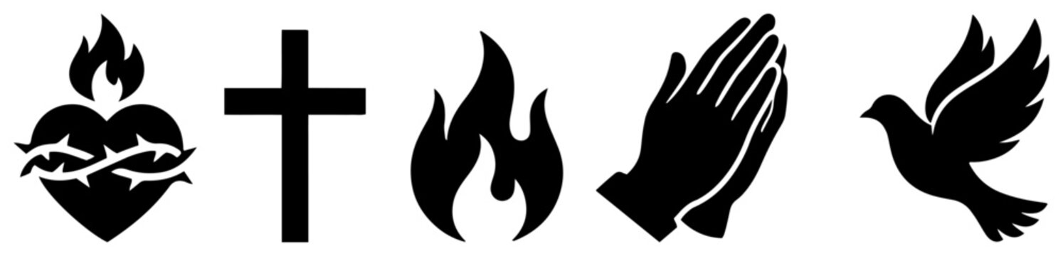 Christian religious symbols showing sacred heart holy cross praying hands and dove in clean black silhouette style