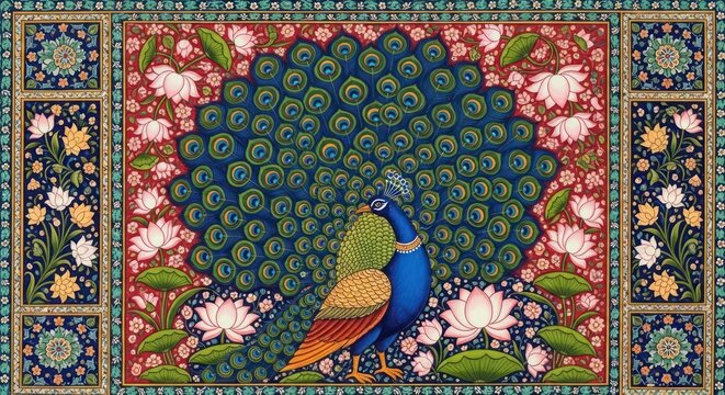 Exquisite Indian Peacock Painting with Lotus Flowers and Intricate Borders.