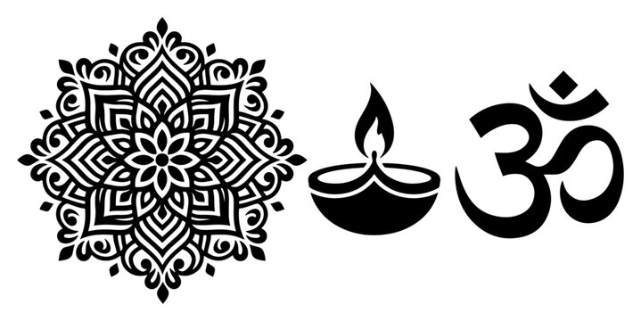Decorative mandala pattern alongside a burning diya lamp and Om symbol in elegant black silhouette style