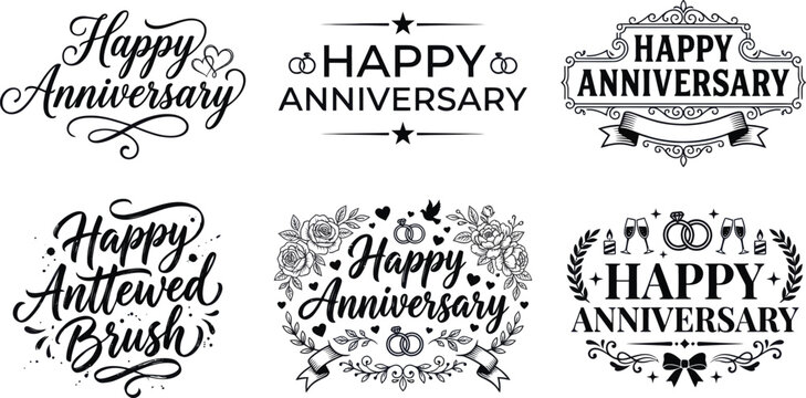Set of black happy anniversary text logos and vintage wedding celebration badges Vector, illustration