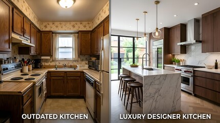Obraz premium Before and After Kitchen Renovation: Old vs. Modern Luxury Designer Kitchen