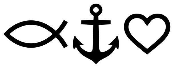 Christian faith hope love symbols with ichthys fish anchor and heart in flat vector style © Camel