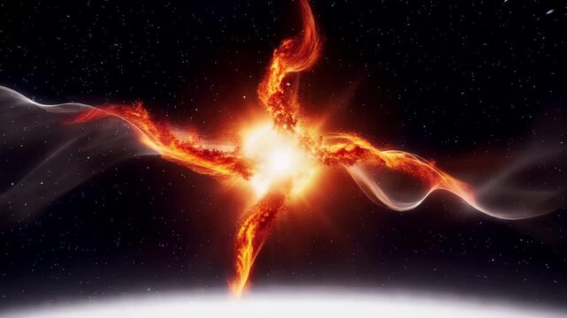 Abstract cosmic explosion of fire and light forming a cross shape in deep space with glowing nebulae and stardust