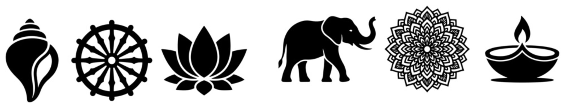 Hindu spiritual icons including conch lotus wheel of dharma elephant mandala and diya in clean stencil style