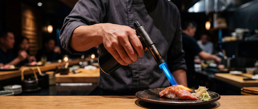 Sushi chef torching fresh nigiri with blowtorch at intimate sushi bar counter