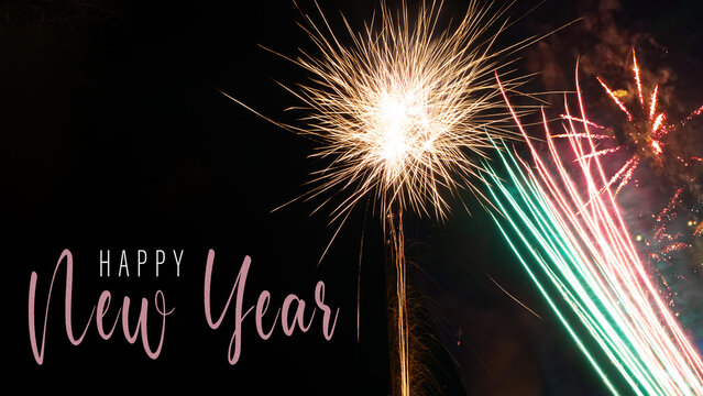 Happy new Year 2027 greeting card, card with text - New Year's eve party celebration with firework pyrotechnic display on dark black night sky