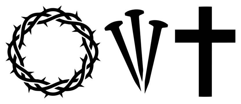 Christian Easter symbols showing crown of thorns crucifixion nails and cross in bold stencil style