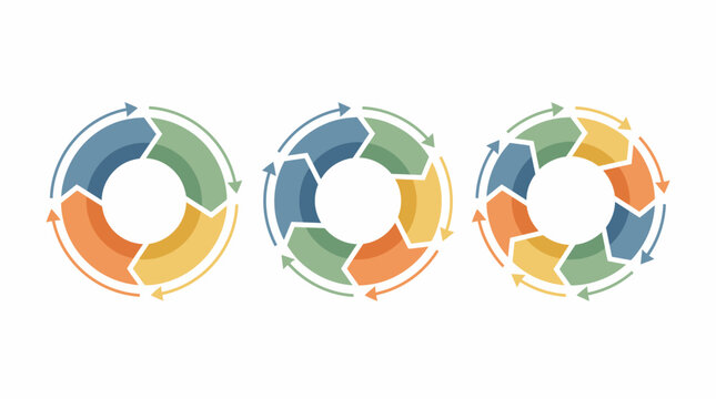 Circular process diagrams illustrate cyclical business workflows and iterative project management phases using colorful arrow icons arranged in a repeating loop pattern on a clean white background.