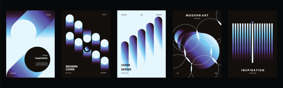 Abstract futuristic poster templates vector set. Blue and purple glowing spheres, gradient bars, geometric columns and luminous digital shapes for modern cover, flyer, banner and wall art design.