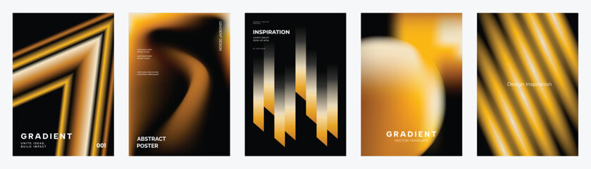 Fototapeta na wymiar Abstract gold gradient poster templates vector set. Black and golden flowing waves, metallic stripes, geometric bars and blurred spheres for luxury cover, flyer, banner and wall art design.