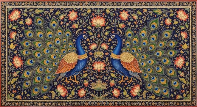 Exquisite Indian Peacock Tapestry with Intricate Floral Designs.