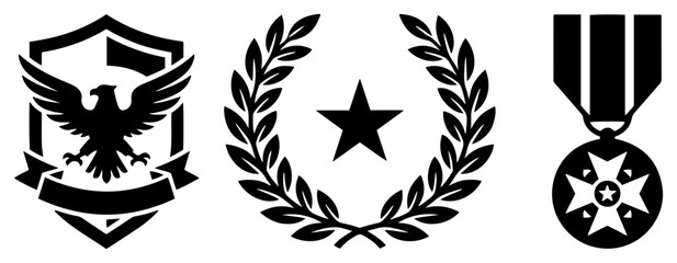 Fototapeta premium Military award insignias set including eagle shield laurel wreath and honor medal in black and white vector style