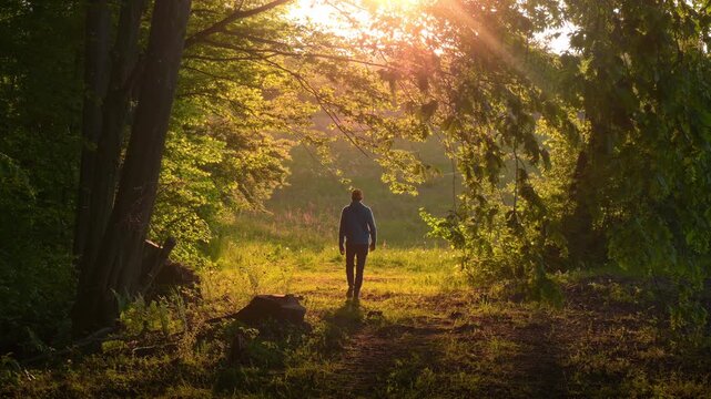 Silhouetted male adult in nature walking into the sunset under the natural arch of illuminated golden tree branches
