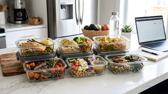 Healthy meal prep containers on kitchen counter. Colorful food storage for diet planning. Nutritionist's organized lunch setup.