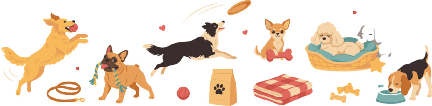 Playful Dogs Vector Illustration with Golden Retriever, French Bulldog, Chihuahua, Poodle, and Beagle Playing with Toys for Pet Designs