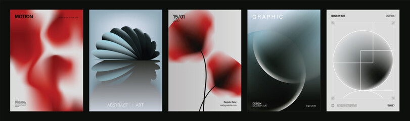 Fototapeta na wymiar Abstract modern poster templates vector set. Red blurred organic shapes, black sculptural form, delicate flower stems and monochrome gradient spheres for cover, flyer, banner and wall art design.