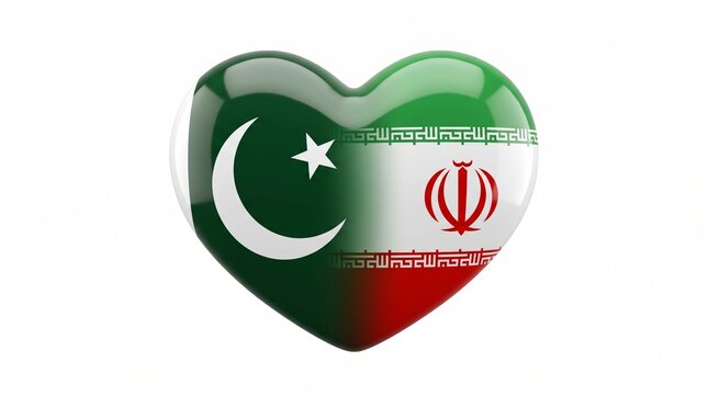 Heart icon displays the merged flags of Pakistan and Iran as a representation of political solidarity and strong regional ties between these neighboring.