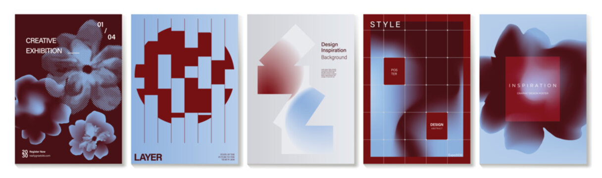 Abstract red and blue poster templates vector set. Floral artwork, geometric blocks, soft gradient shapes and grid layouts for modern exhibition, cover, flyer, banner and wall art design.