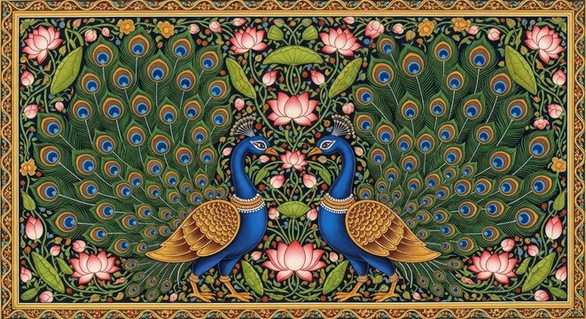 Exquisite Miniature Painting of Two Peacocks Amidst Lush Floral Designs.