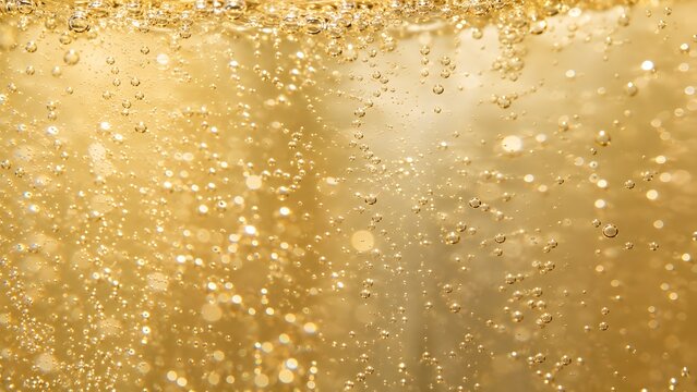 Close up macro view of bright golden liquid surface with thousands of glowing carbonated fizzy bubbles texture for luxury celebration.