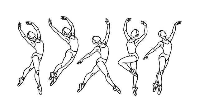 Five graceful ballet dancers performing different artistic poses and jumps in a professional dance performance sketch illustration