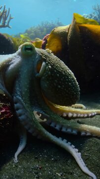 Vertical video: Curling arm as current shifting, octopus probing sand at kelp reef, showing suckers