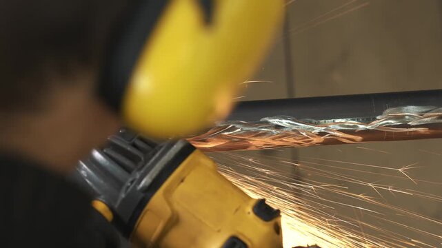 A worker creates texture on a metal pipe with a grinder, grinding off excess metal so that the pipe can later be painted to look like wood.