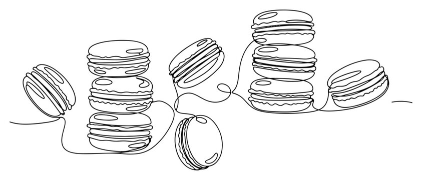 French macarons stacked in piles and scattered in minimalist continuous line art style