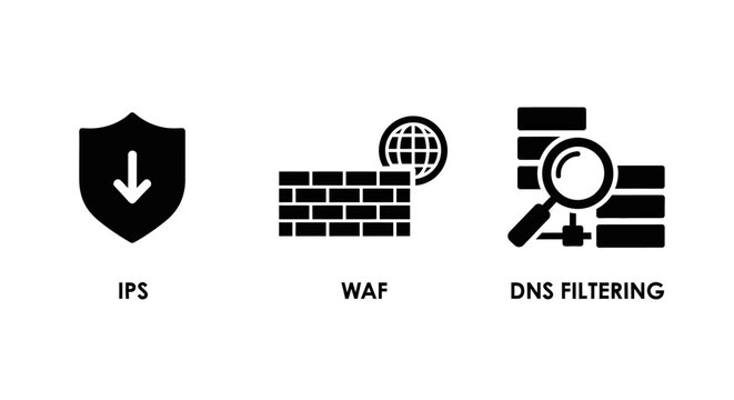 Cybersecurity Icons: IPS, WAF, DNS Filtering - Network Security Protection Symbols