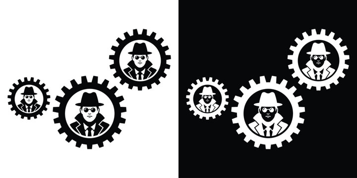 Secret agent or private detective figures inside interlocking gears. Concept icon for cyber security, spying or investigation.