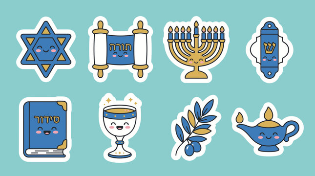 Kawaii vector illustration set featuring cute jewish religious symbols like the menorah torah scroll star and holy oil lamp