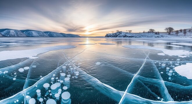 Frozen lake with cracked ice reflecting golden sunrise. Winter landscape with dramatic sunlight and natural ice formations for outdoor adventure an...