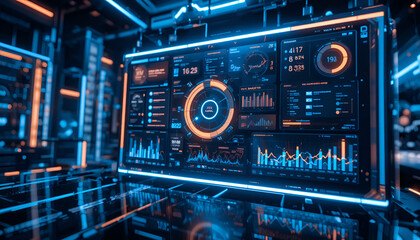 Fototapeta premium Futuristic digital interface displaying complex data analytics graphs and statistics on a glowing holographic screen in a high tech server room environment