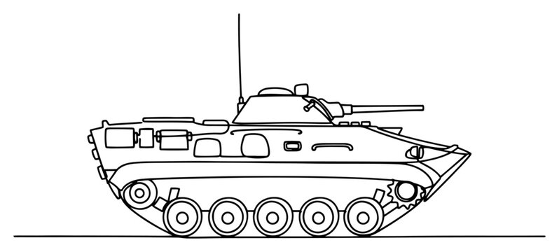 Military armored vehicle tank drawn in continuous single line art style