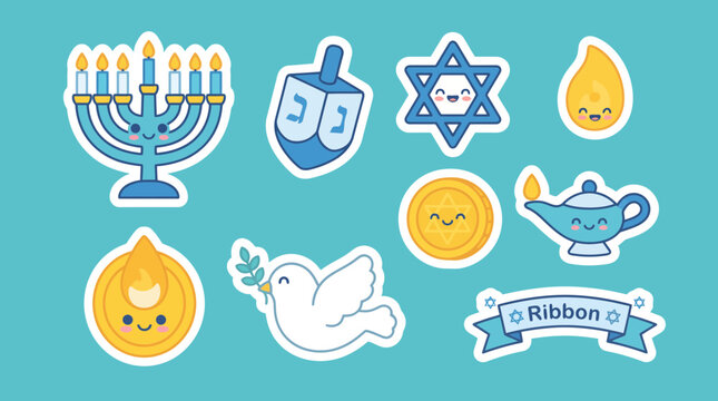 Cute vector graphic sticker set featuring smiling hanukkah symbols like menorah dreidel star of david oil lamp and dove bird
