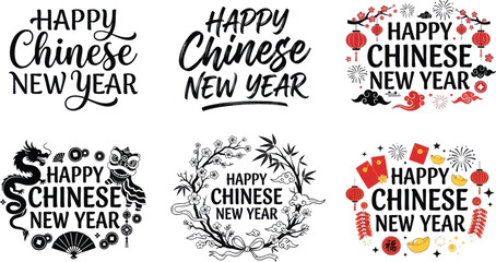 Set of six happy chinese new year typography designs with traditional symbols and ornaments Vector, illustration © PICTURE LAB